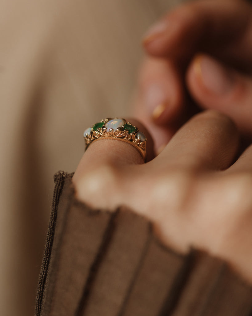 Bertha 1975 Vintage 9ct Gold Opal & Emerald Five Stone Ring
