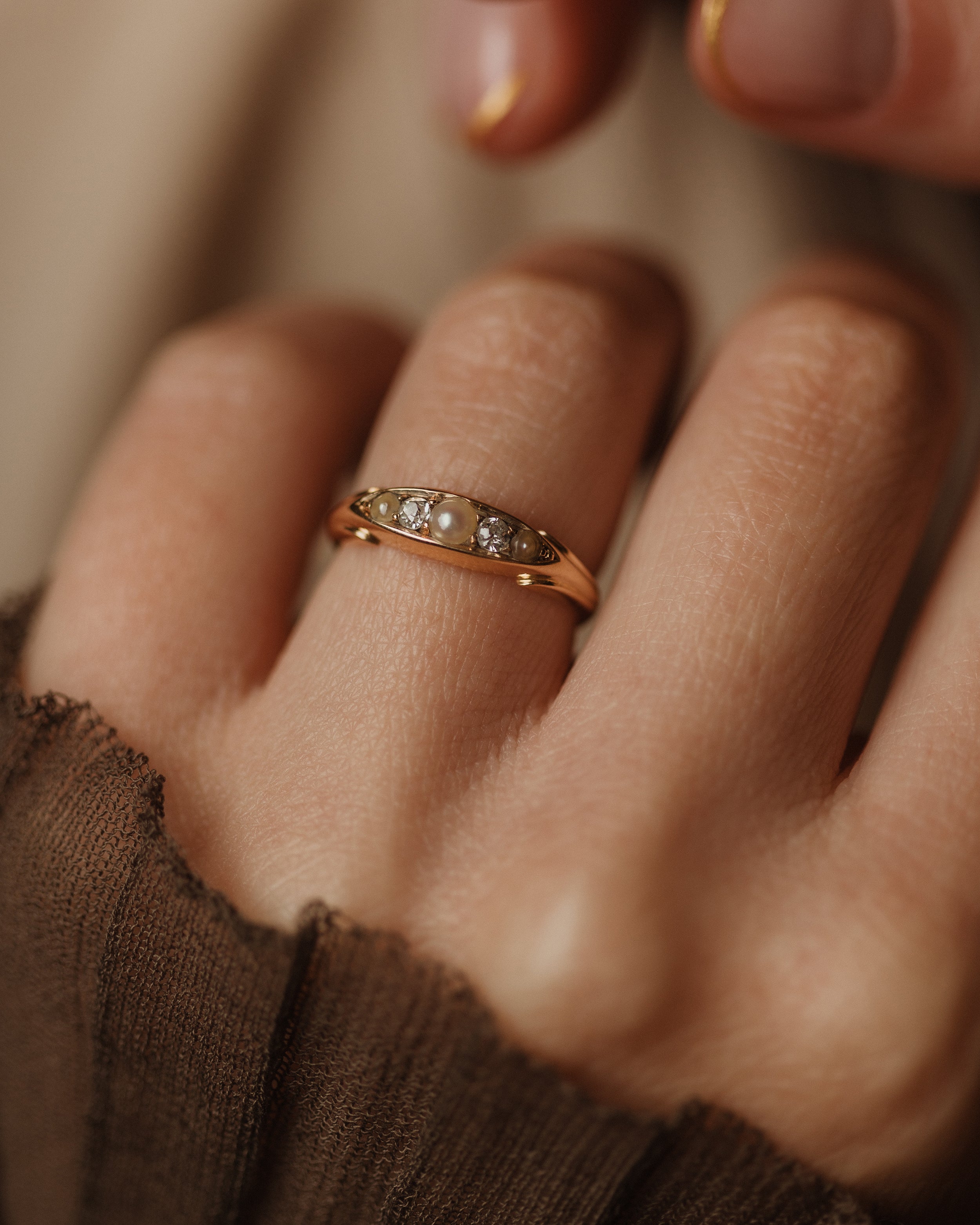 Image of Lillie Antique 18ct Gold Pearl & Diamond Five Stone Ring