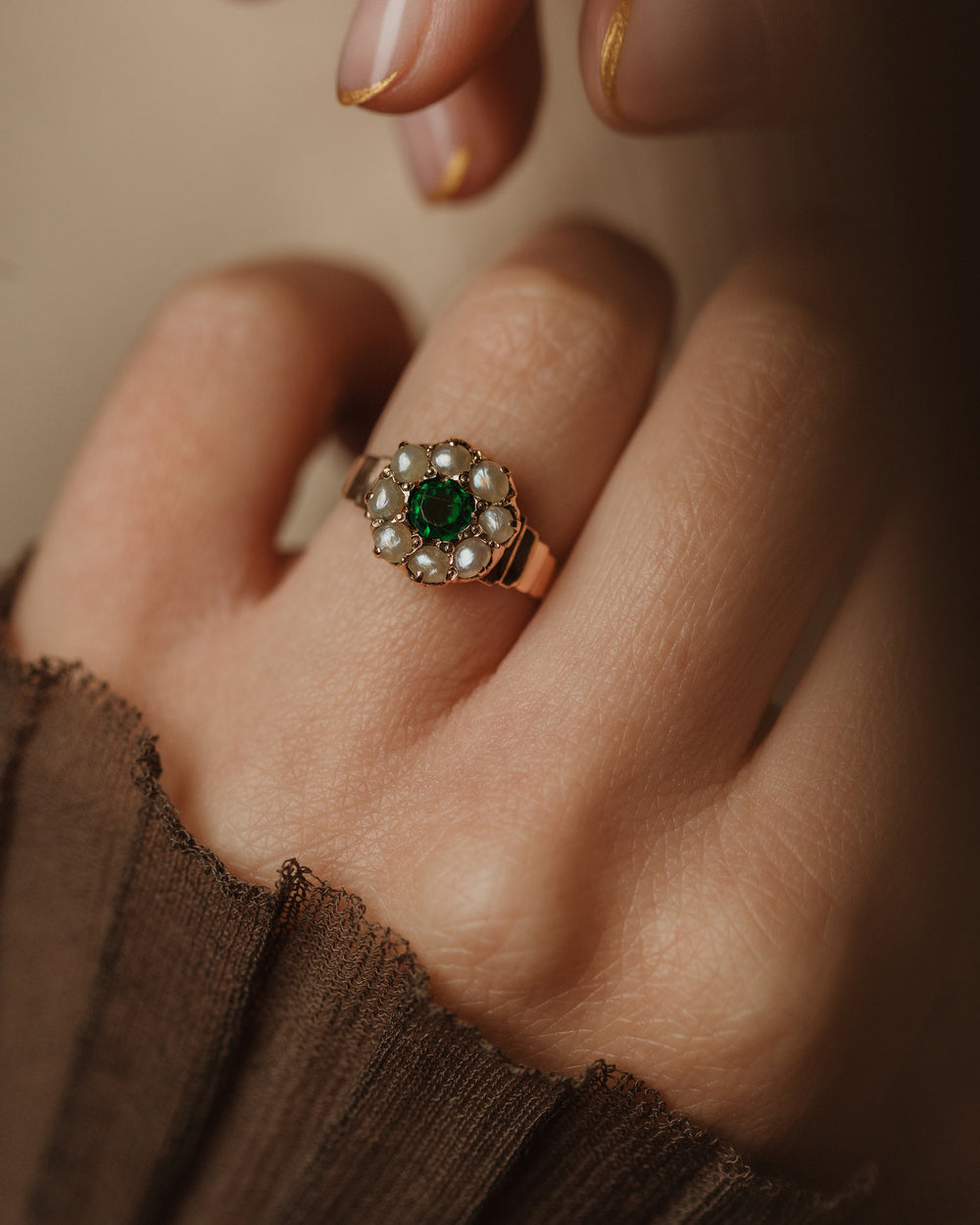Lottie Antique 9ct Gold Green Paste & Pearl Cluster Ring