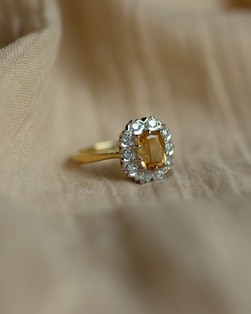 Hortense 1974 Vintage 18ct Gold Citrine & Diamond Cluster Ring
