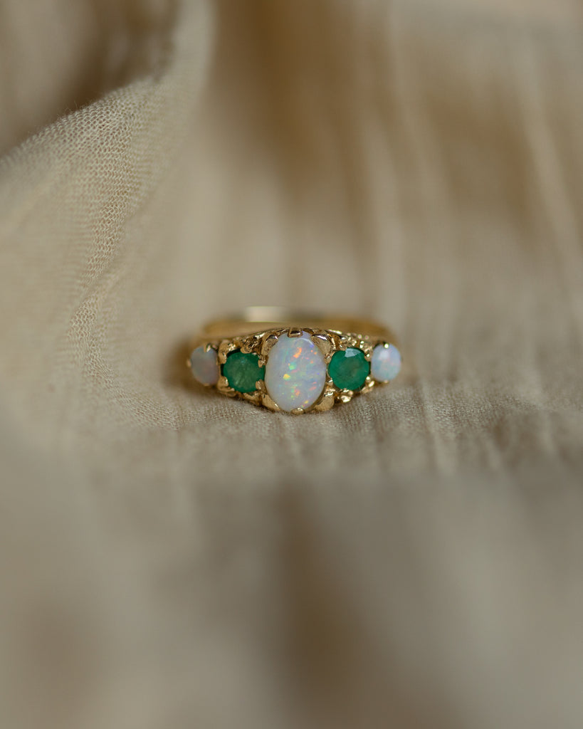 Bertha 1975 Vintage 9ct Gold Opal & Emerald Five Stone Ring