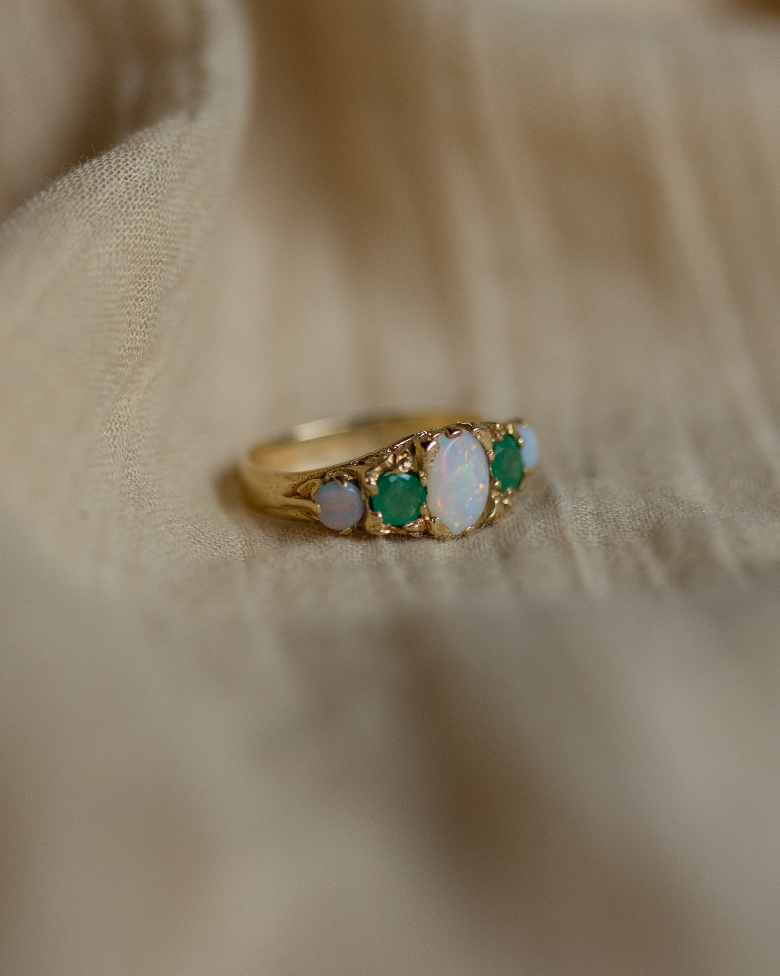 Bertha 1975 Vintage 9ct Gold Opal & Emerald Five Stone Ring