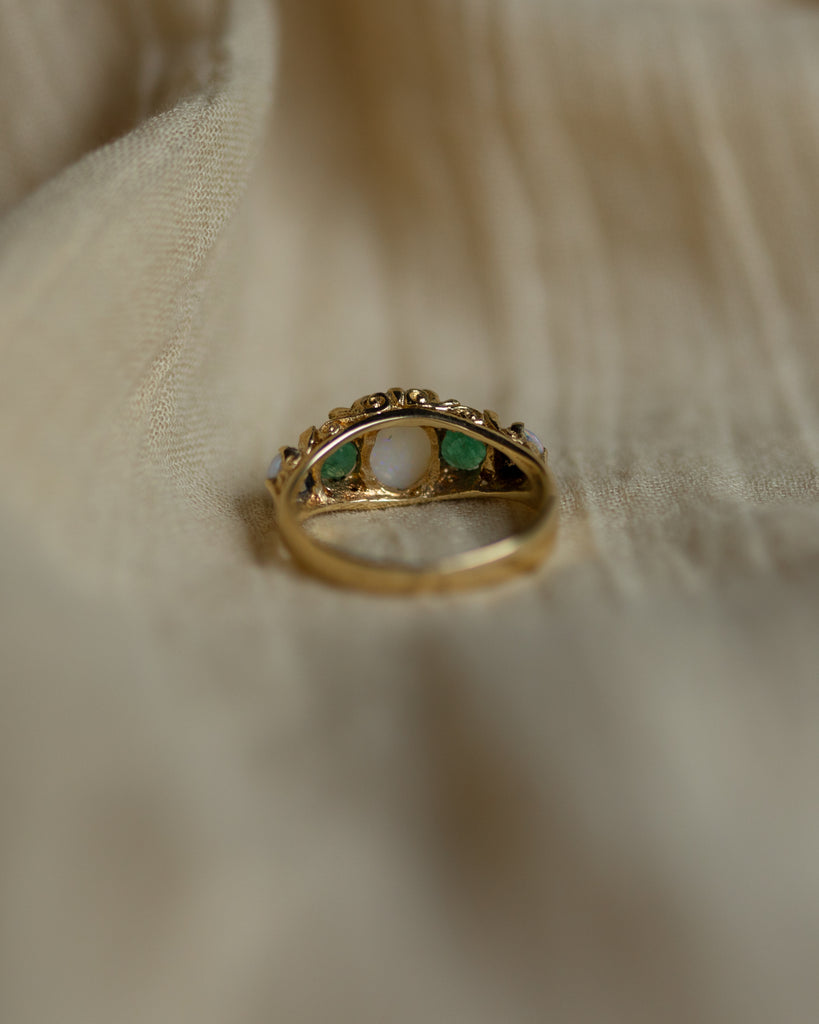 Bertha 1975 Vintage 9ct Gold Opal & Emerald Five Stone Ring