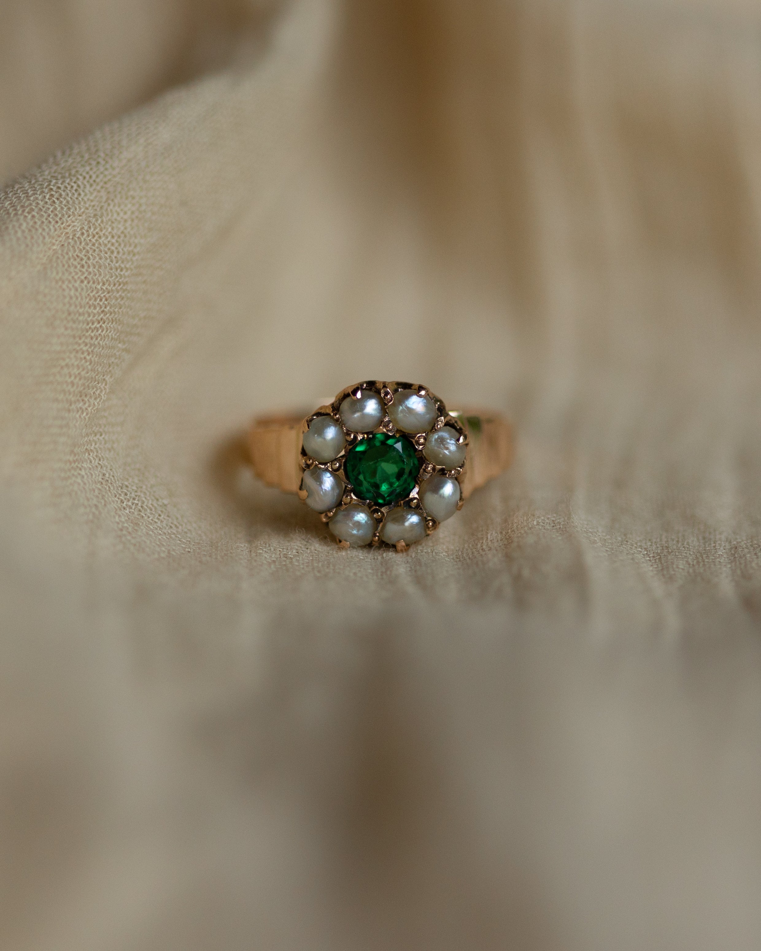 Lottie Antique 9ct Gold Green Paste & Pearl Cluster Ring