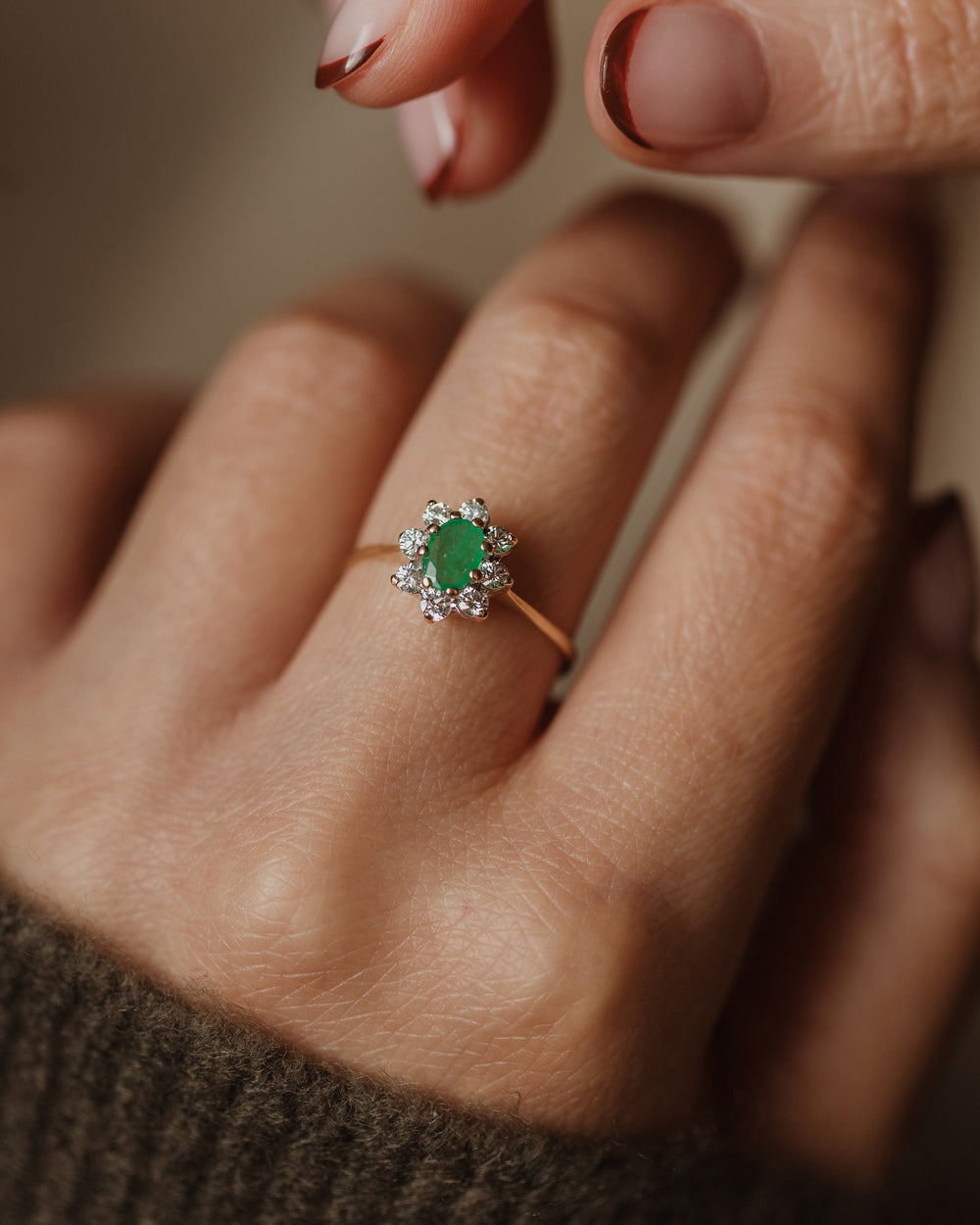 Marie 1986 Vintage 9ct Gold Emerald & CZ Flowerhead Cluster Ring