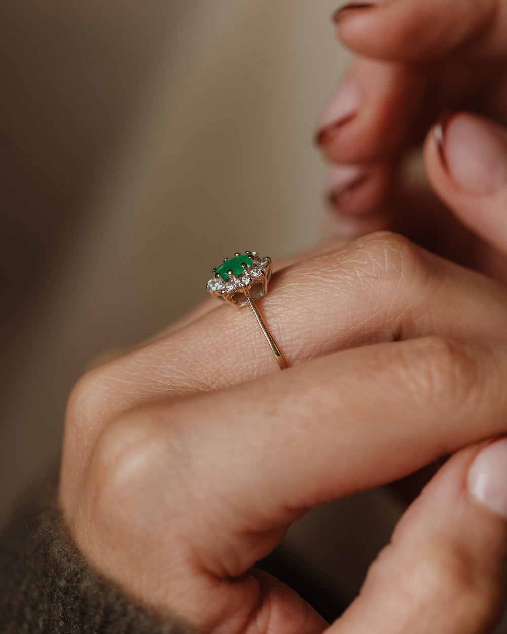 Marie 1986 Vintage 9ct Gold Emerald & CZ Flowerhead Cluster Ring