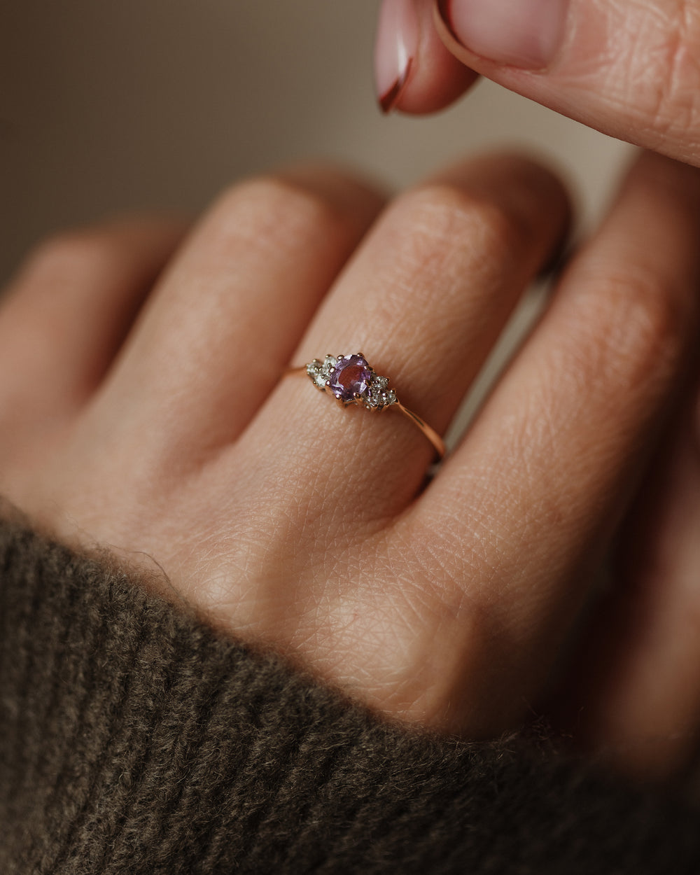 Olwyn 1995 Vintage 9ct Gold Amethyst & Diamond Seven Stone Ring