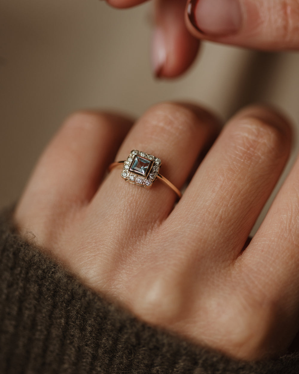 Joely Vintage 9ct Gold Blue Topaz & Diamond Square Cluster Ring