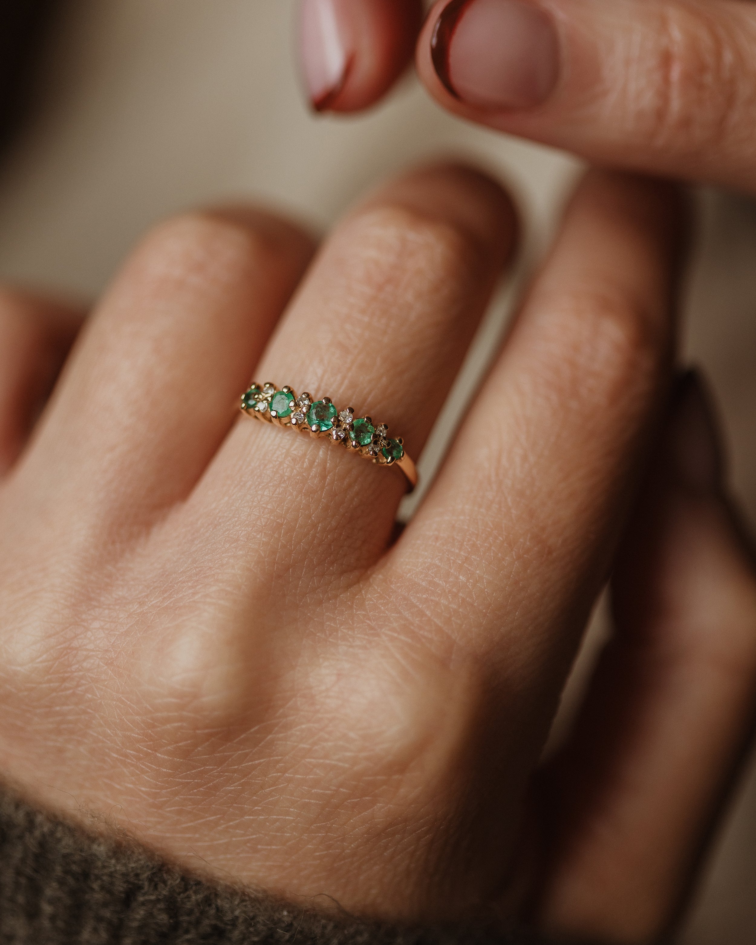 Image of Lowrie Vintage 9ct Gold Emerald & Diamond Half Eternity Ring