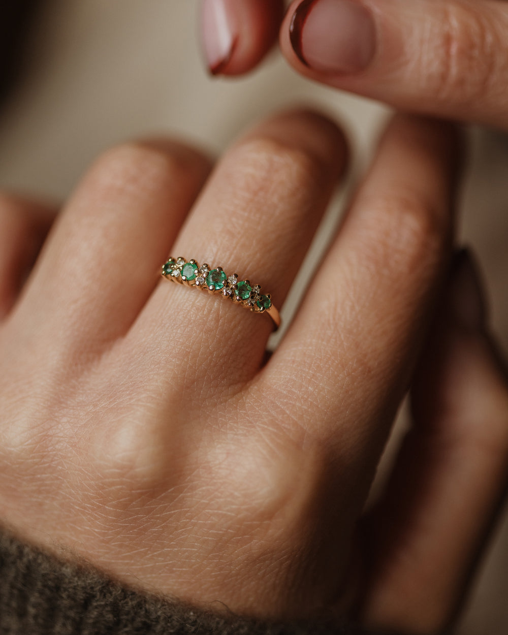 Lowrie Vintage 9ct Gold Emerald & Diamond Half Eternity Ring