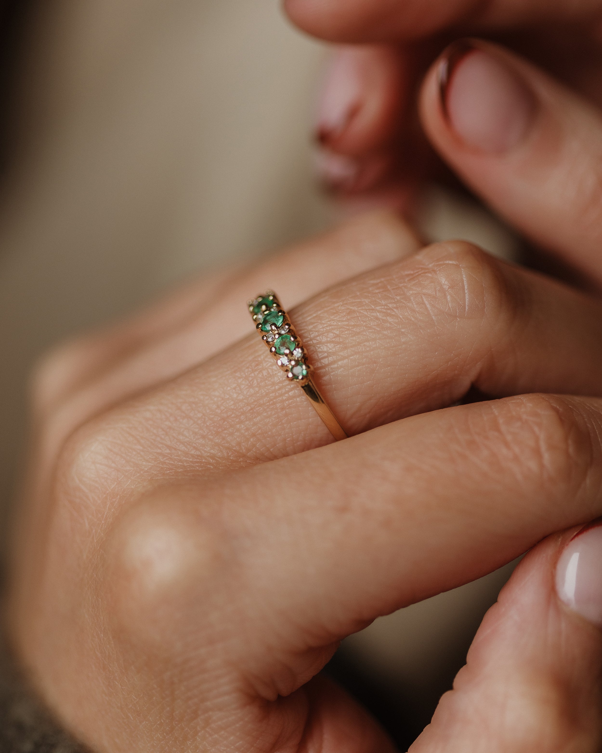 Lowrie Vintage 9ct Gold Emerald & Diamond Half Eternity Ring