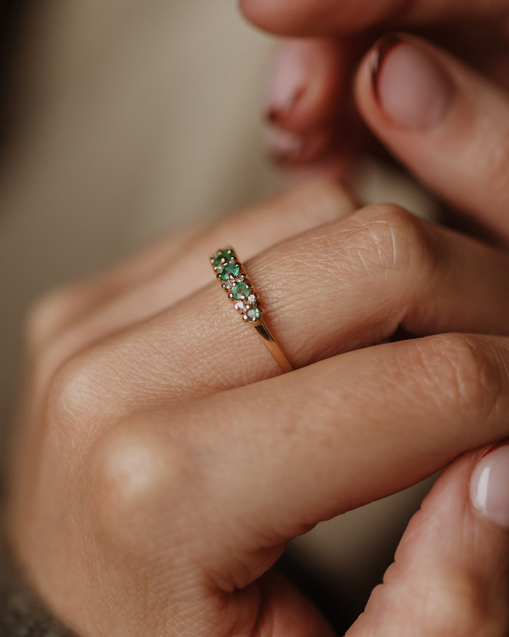 Lowrie Vintage 9ct Gold Emerald & Diamond Half Eternity Ring