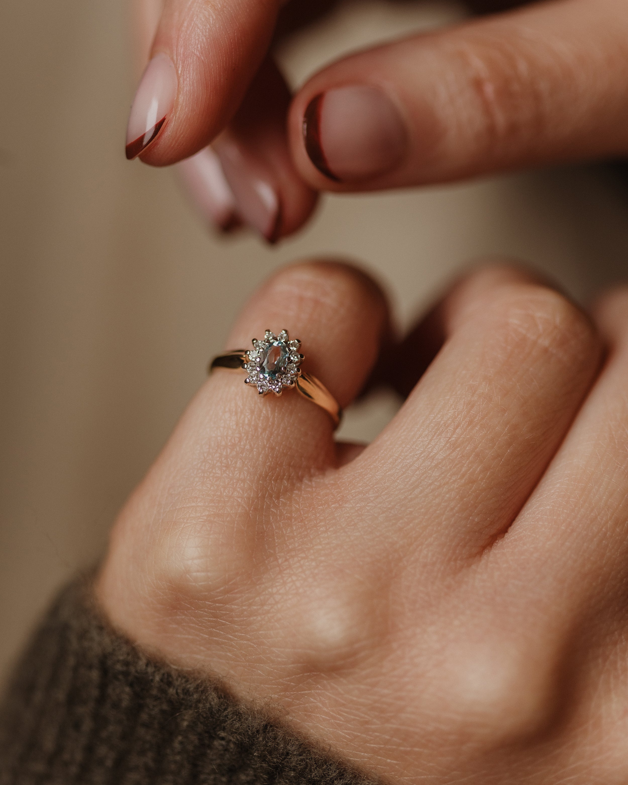 Image of Yvonne 1988 Vintage 9ct Gold Aquamarine & Diamond Cluster Ring