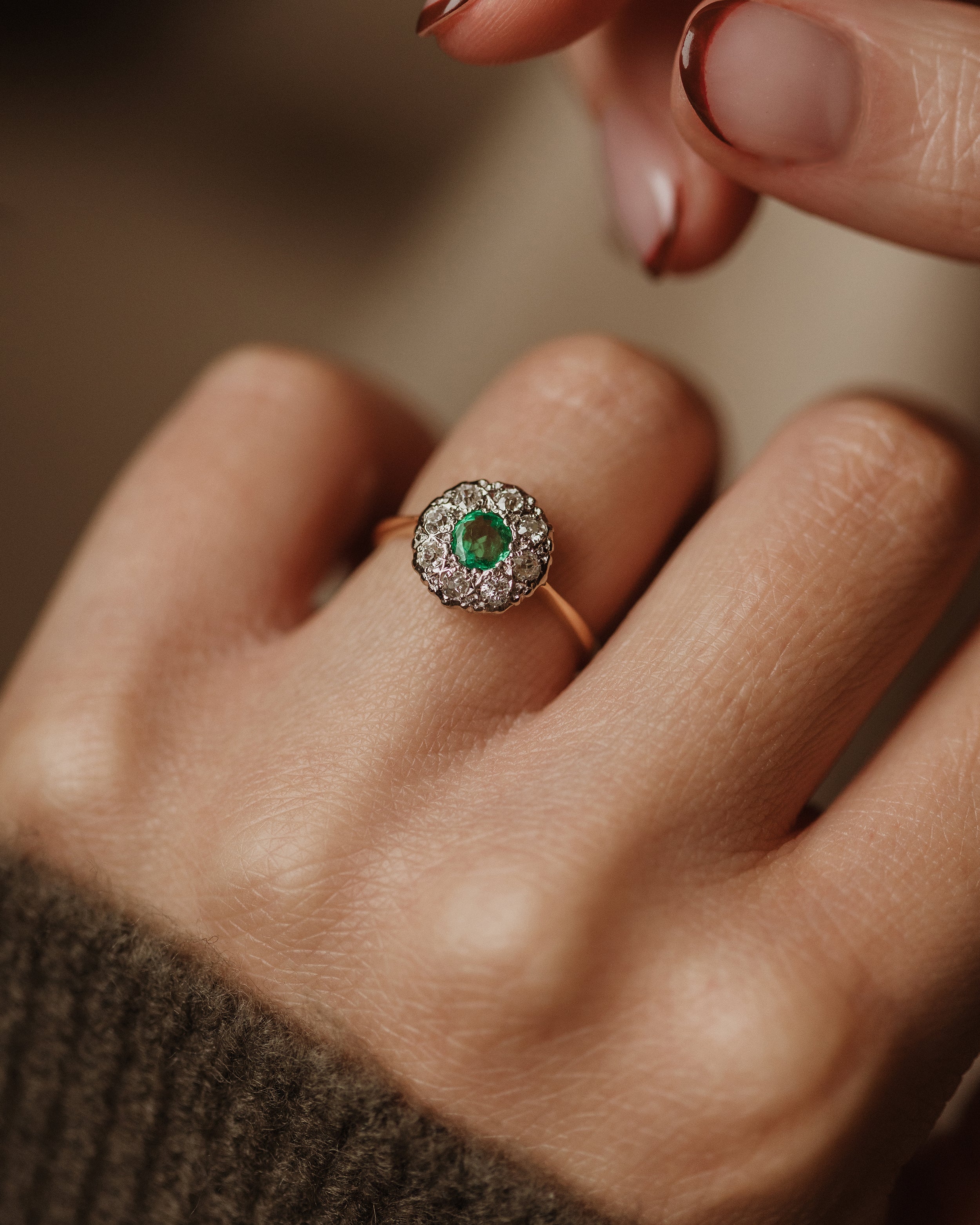 Nancy Antique 18ct Gold Emerald & Diamond Cluster Ring