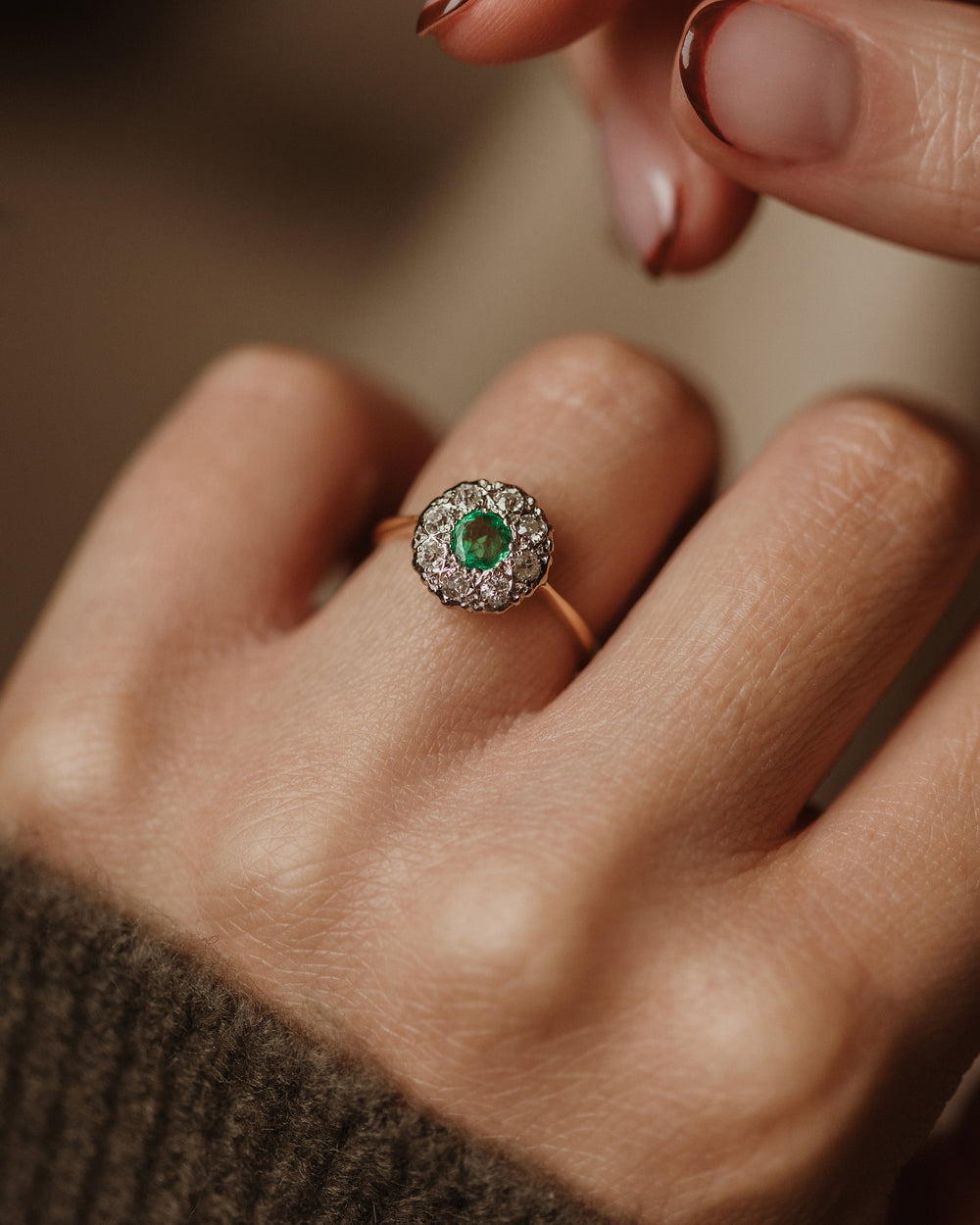 Nancy Antique 18ct Gold Emerald & Diamond Cluster Ring