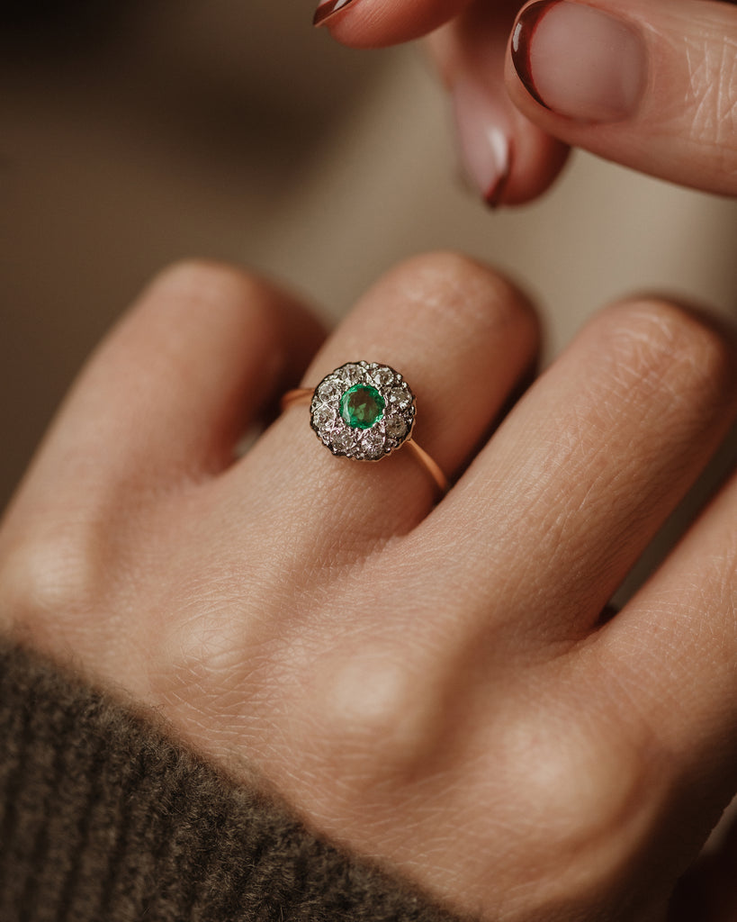 Nancy Antique 18ct Gold Emerald & Diamond Cluster Ring