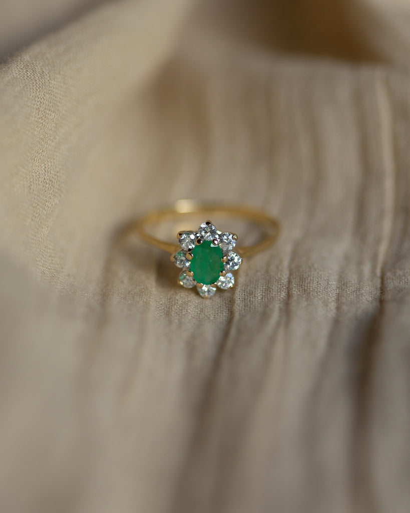 Marie 1986 Vintage 9ct Gold Emerald & CZ Flowerhead Cluster Ring
