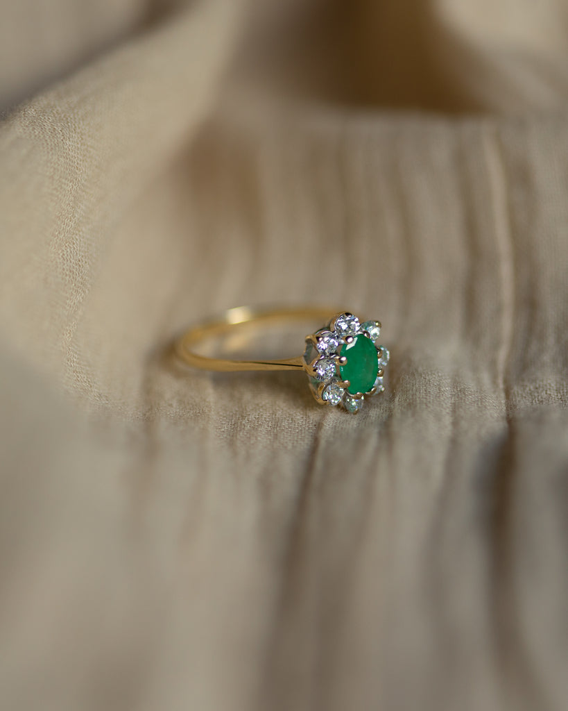Marie 1986 Vintage 9ct Gold Emerald & CZ Flowerhead Cluster Ring