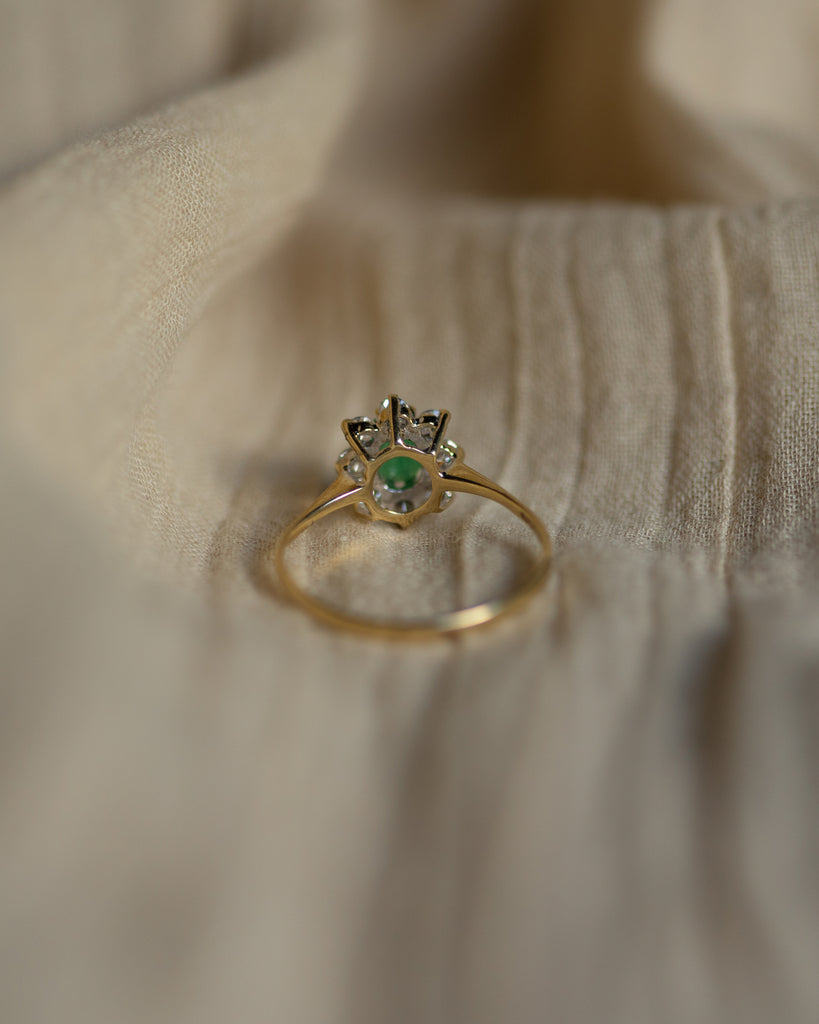 Marie 1986 Vintage 9ct Gold Emerald & CZ Flowerhead Cluster Ring