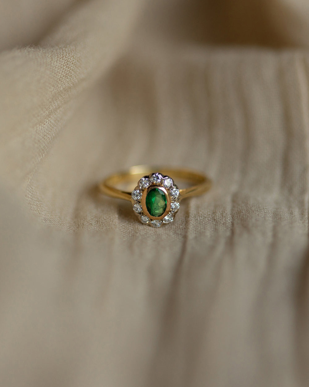 Nathalie 1985 Vintage 18ct Gold Emerald & Diamond Cluster Ring