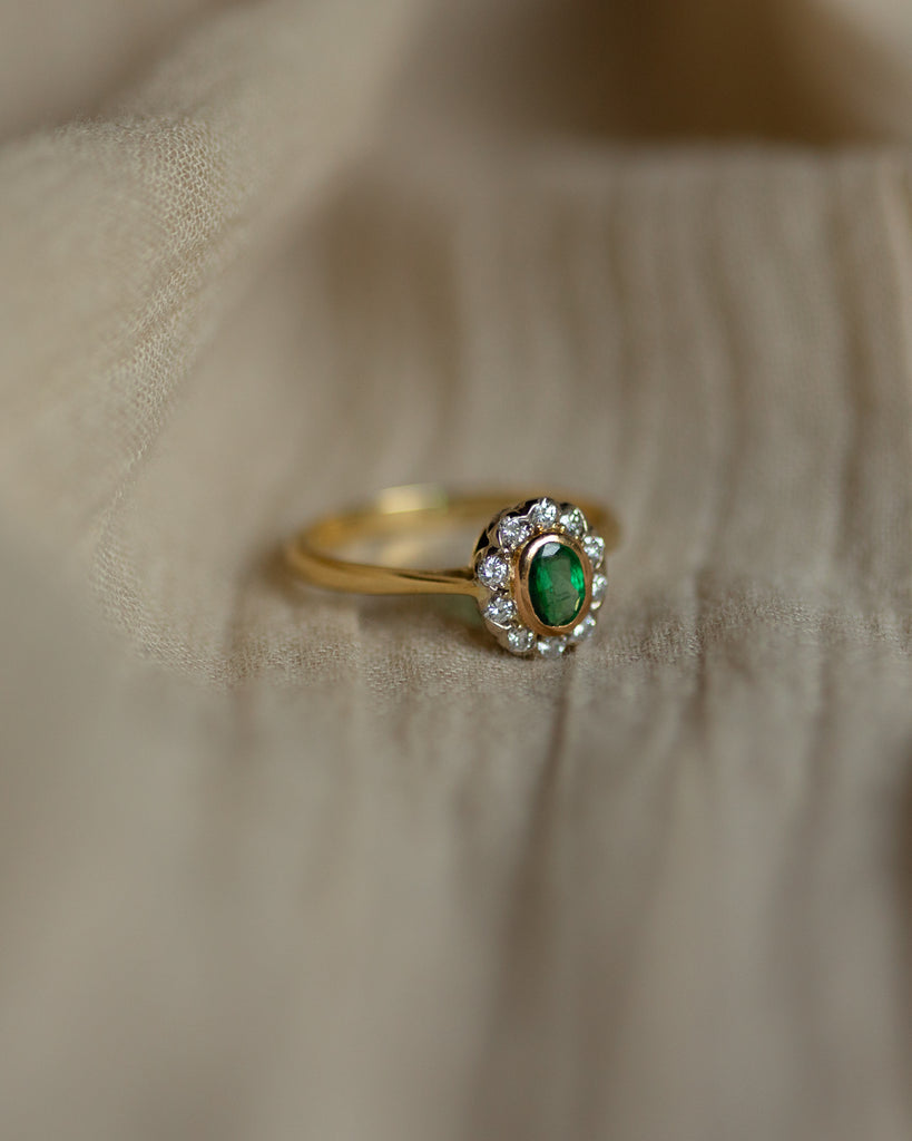 Nathalie 1985 Vintage 18ct Gold Emerald & Diamond Cluster Ring