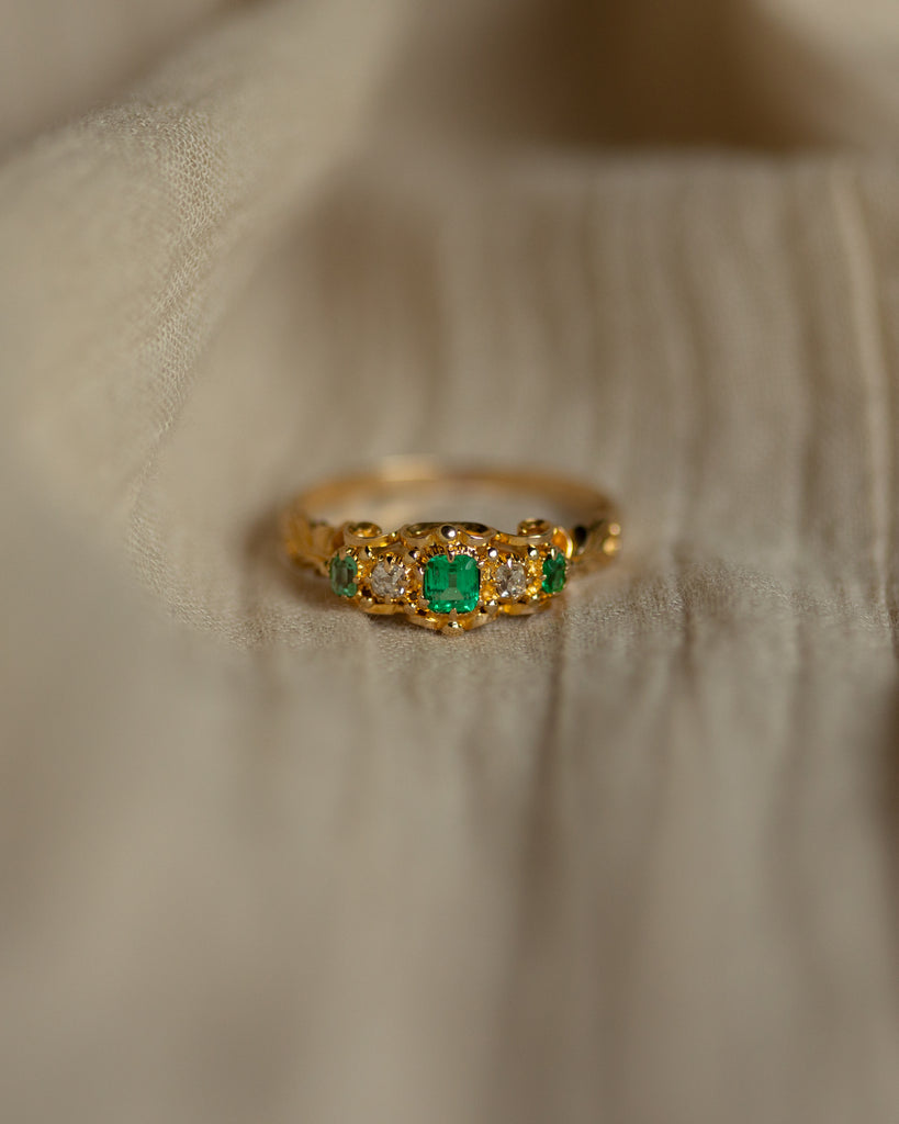 Inès Antique 18ct Gold Emerald & Diamond Five Stone Ring