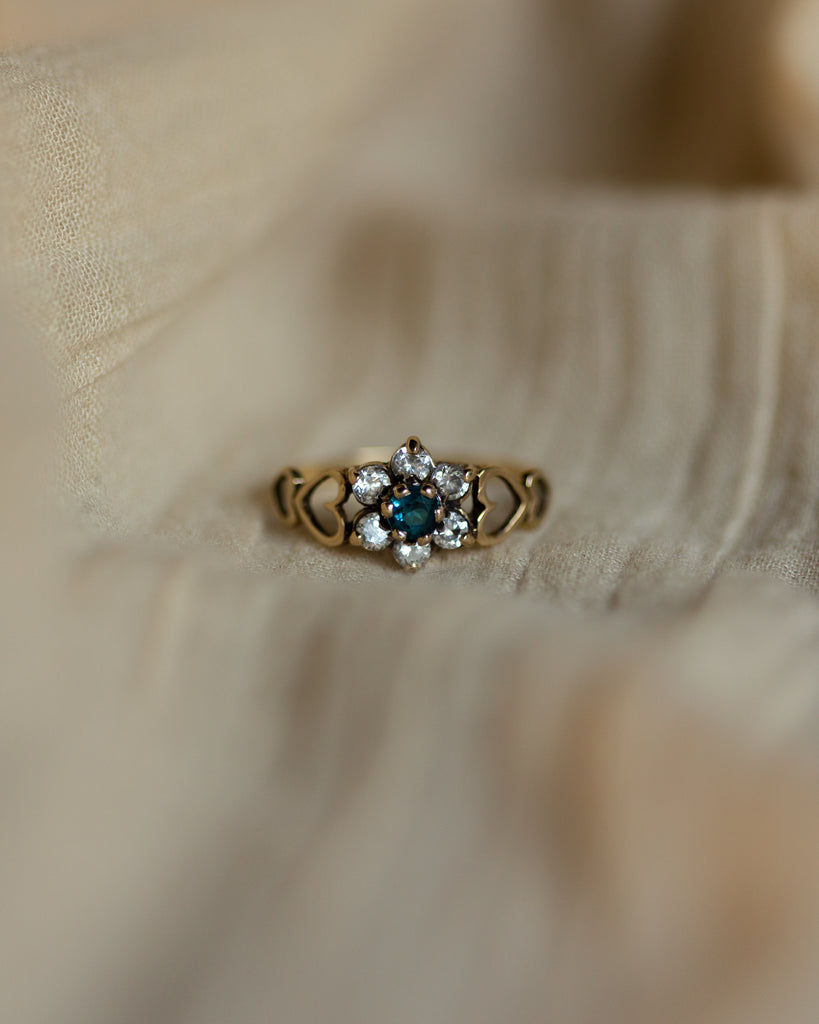 Claribel 1993 Vintage 9ct Gold Blue Topaz & CZ Flowerhead Cluster Ring
