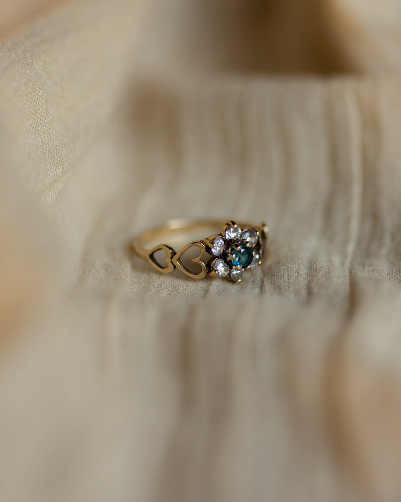Claribel 1993 Vintage 9ct Gold Blue Topaz & CZ Flowerhead Cluster Ring