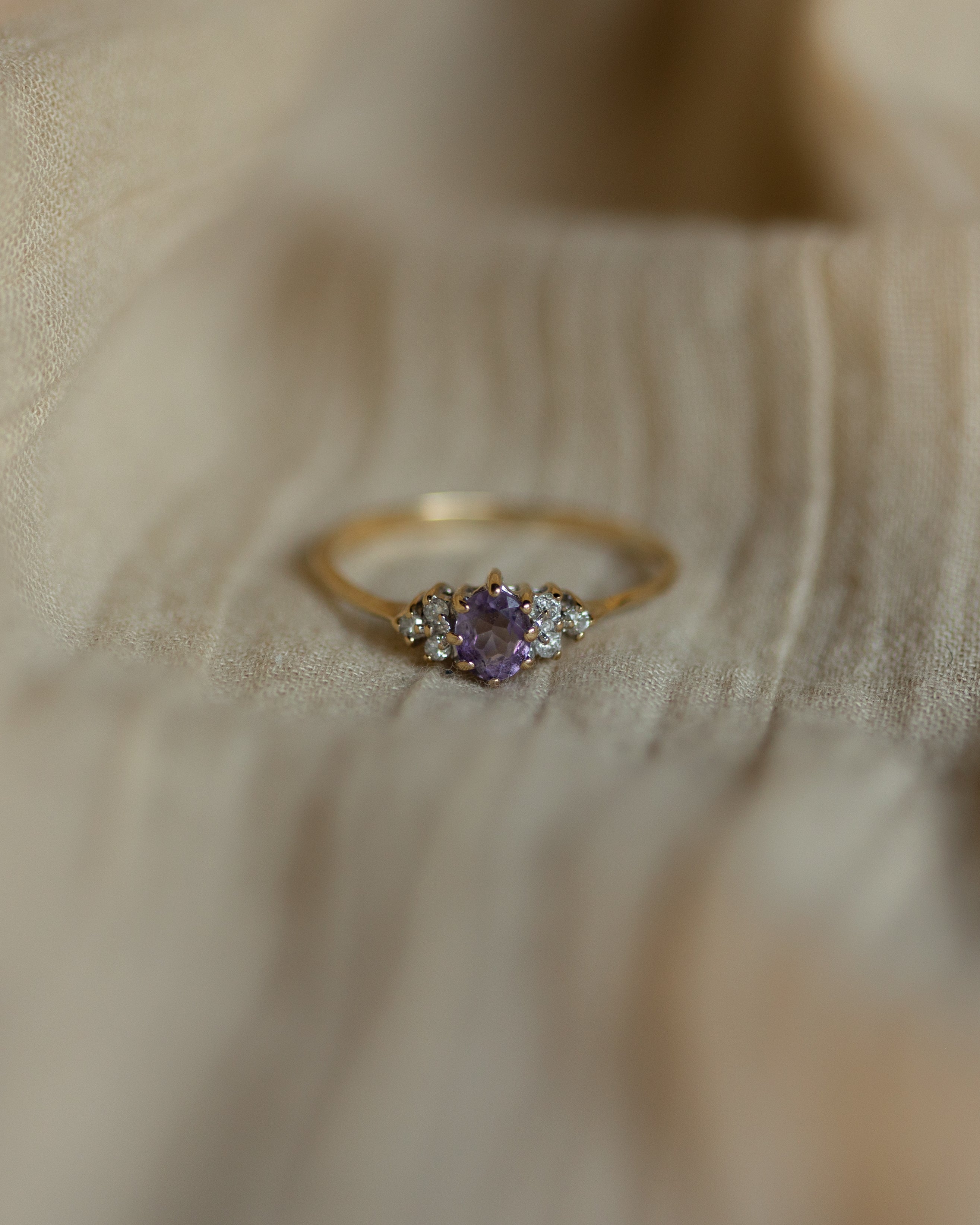 Olwyn 1995 Vintage 9ct Gold Amethyst & Diamond Seven Stone Ring