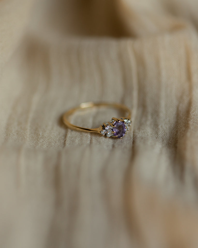 Olwyn 1995 Vintage 9ct Gold Amethyst & Diamond Seven Stone Ring