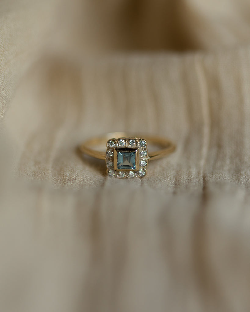Joely Vintage 9ct Gold Blue Topaz & Diamond Square Cluster Ring