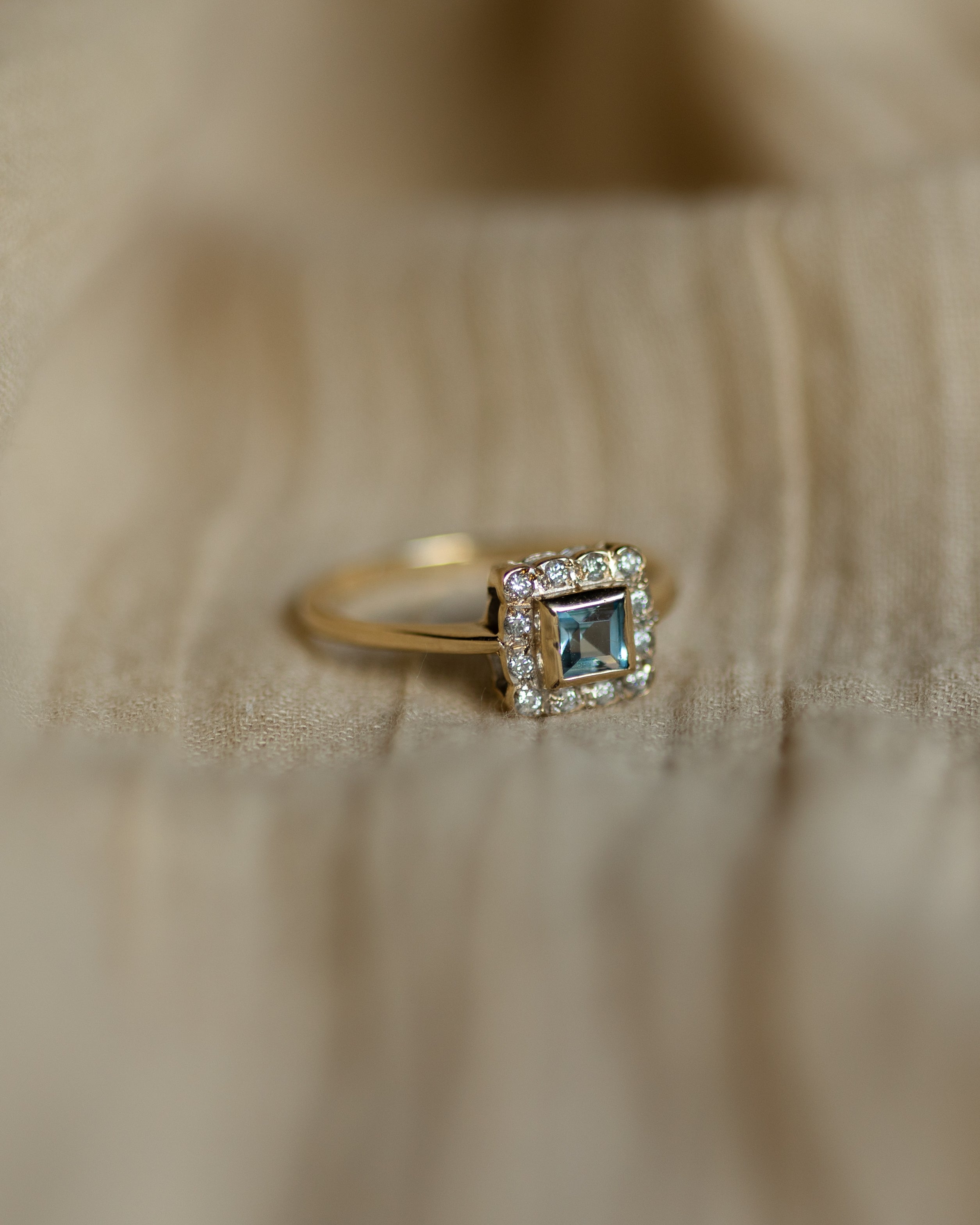 Joely Vintage 9ct Gold Blue Topaz & Diamond Square Cluster Ring