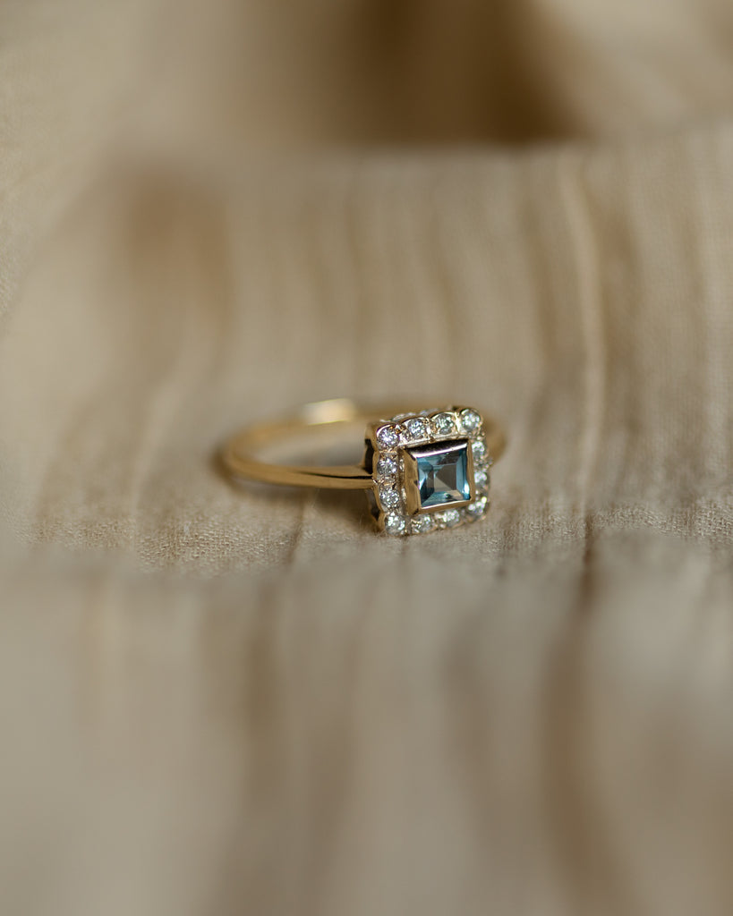Joely Vintage 9ct Gold Blue Topaz & Diamond Square Cluster Ring