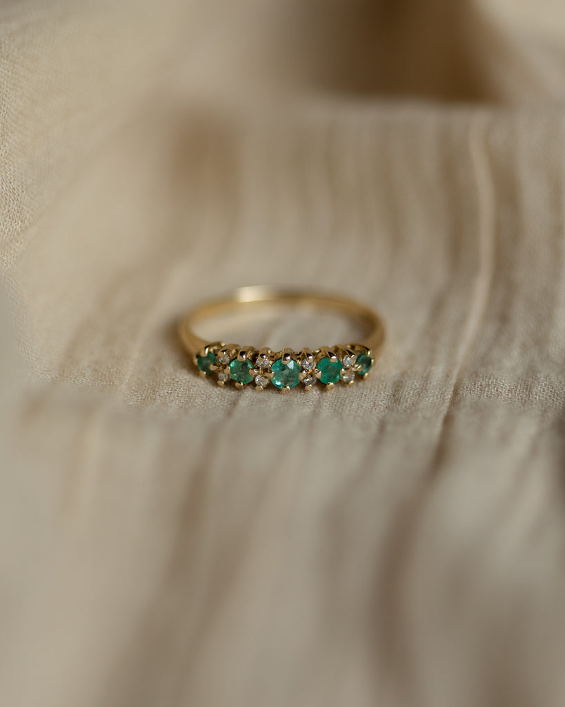 Lowrie Vintage 9ct Gold Emerald & Diamond Half Eternity Ring