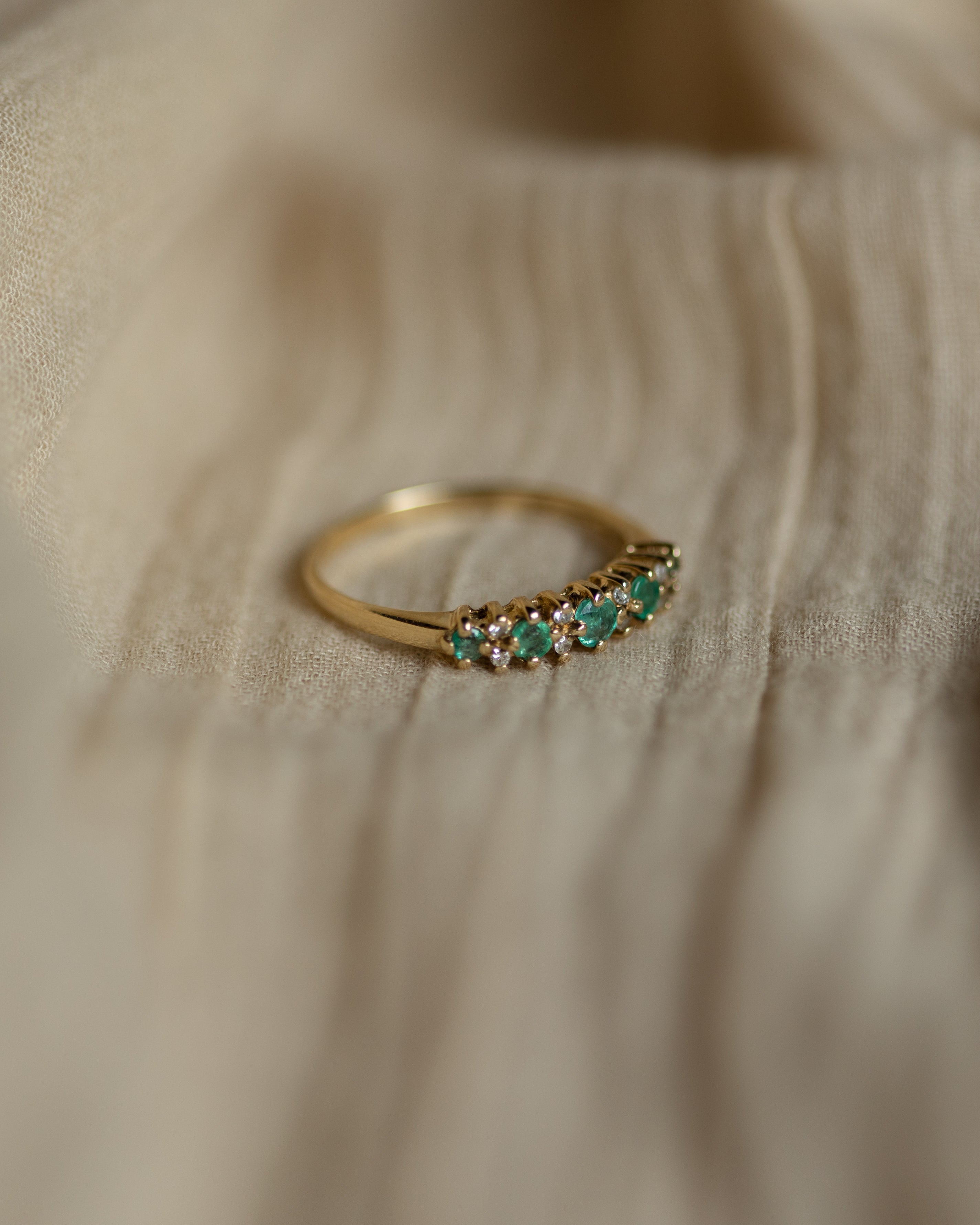 Lowrie Vintage 9ct Gold Emerald & Diamond Half Eternity Ring