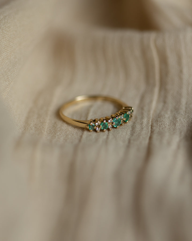 Lowrie Vintage 9ct Gold Emerald & Diamond Half Eternity Ring