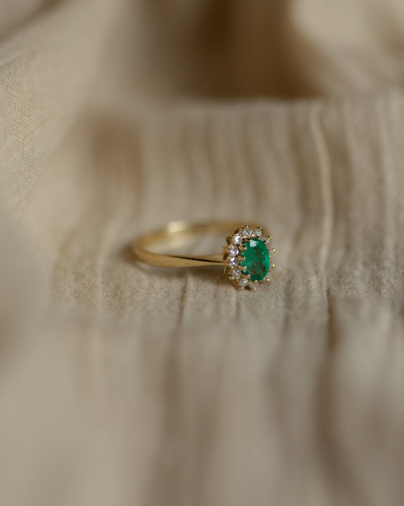 Odette 1989 Vintage 9ct Gold Emerald & Diamond Cluster Ring
