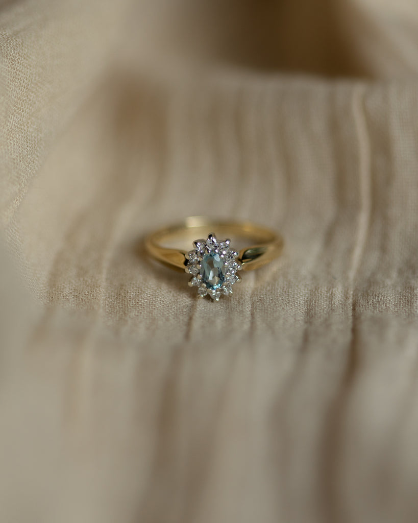 Yvonne 1988 Vintage 9ct Gold Aquamarine & Diamond Cluster Ring
