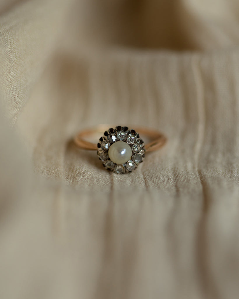 Ethel Antique 14ct Gold Pearl & Diamond Flowerhead Cluster Ring