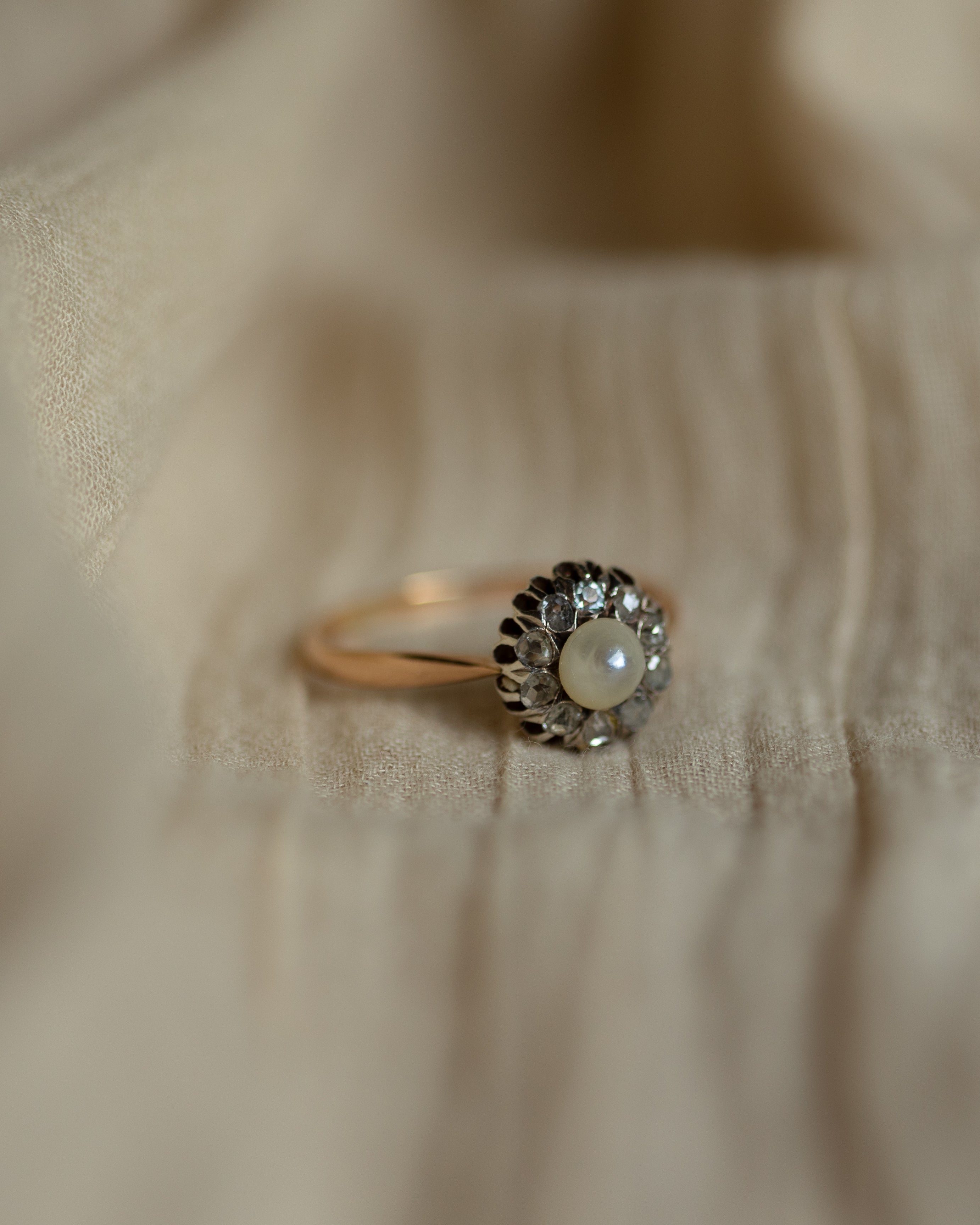 Ethel Antique 14ct Gold Pearl & Diamond Flowerhead Cluster Ring