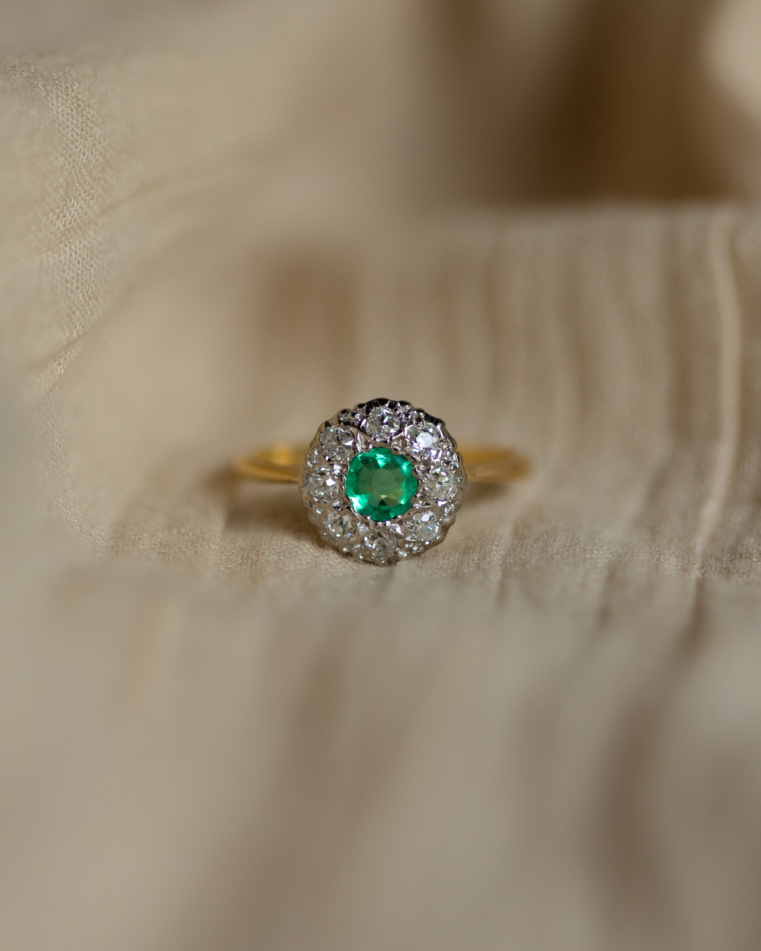 Nancy Antique 18ct Gold Emerald & Diamond Cluster Ring
