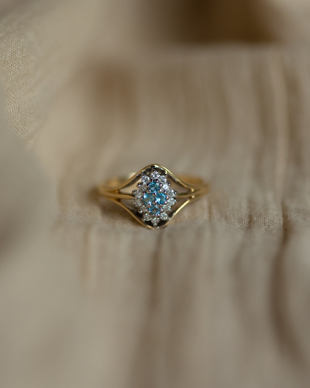 Flora 1988 Vintage 9ct Gold Aquamarine & Diamond Cluster Ring