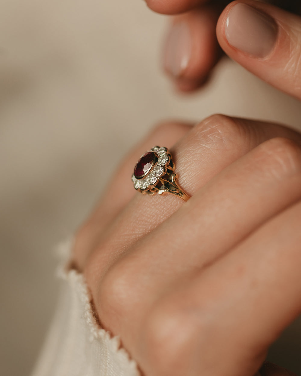 Beatrice Vintage 18ct Gold Ruby & Diamond Cluster Ring