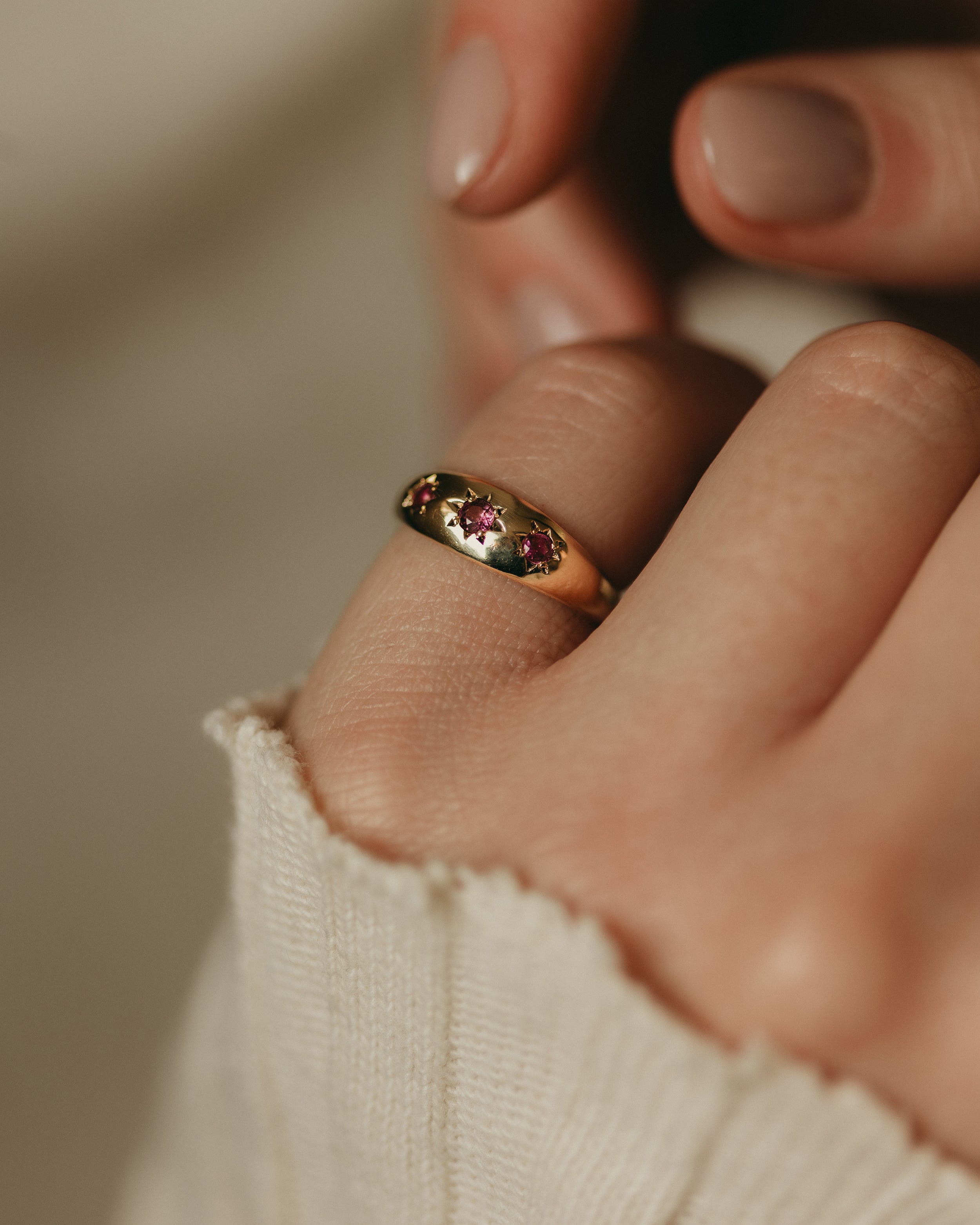 Image of Annie 1973 Vintage 9ct Gold Ruby Trilogy Ring
