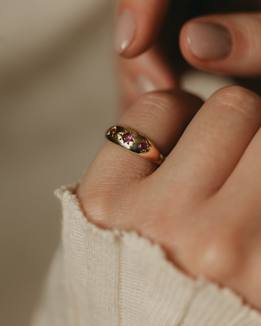 Annie 1973 Vintage 9ct Gold Ruby Trilogy Ring
