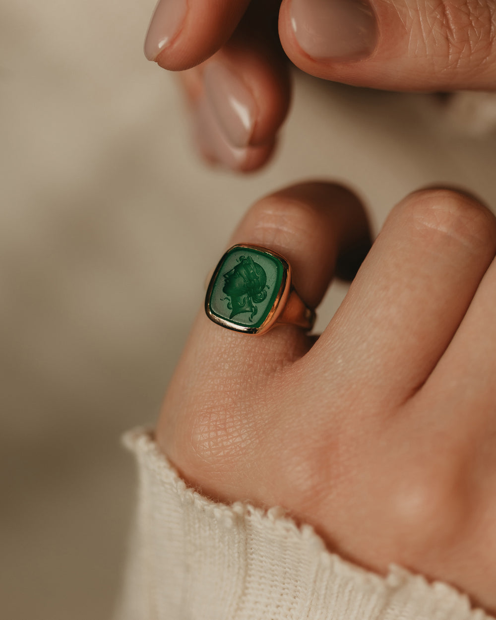 Evelyn 1921 Antique 9ct Gold Green Chalcedony Intaglio Ring