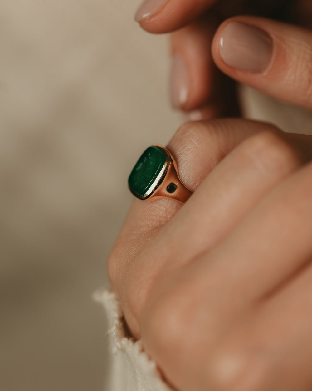 Evelyn 1921 Antique 9ct Gold Green Chalcedony Intaglio Ring