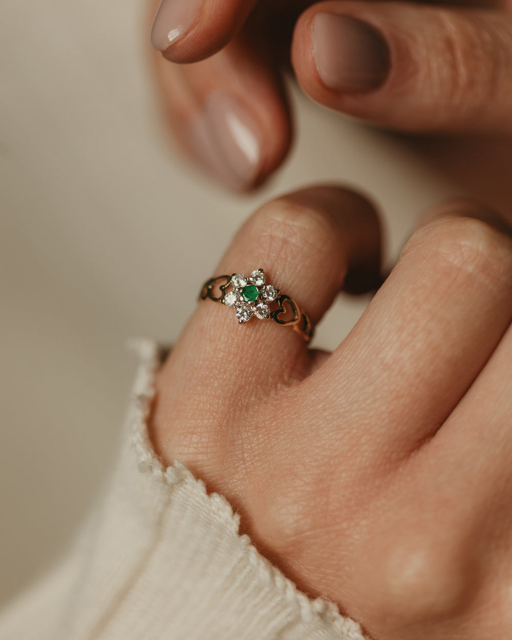 Amy 1986 Vintage 9ct Gold Emerald & CZ Flowerhead Ring