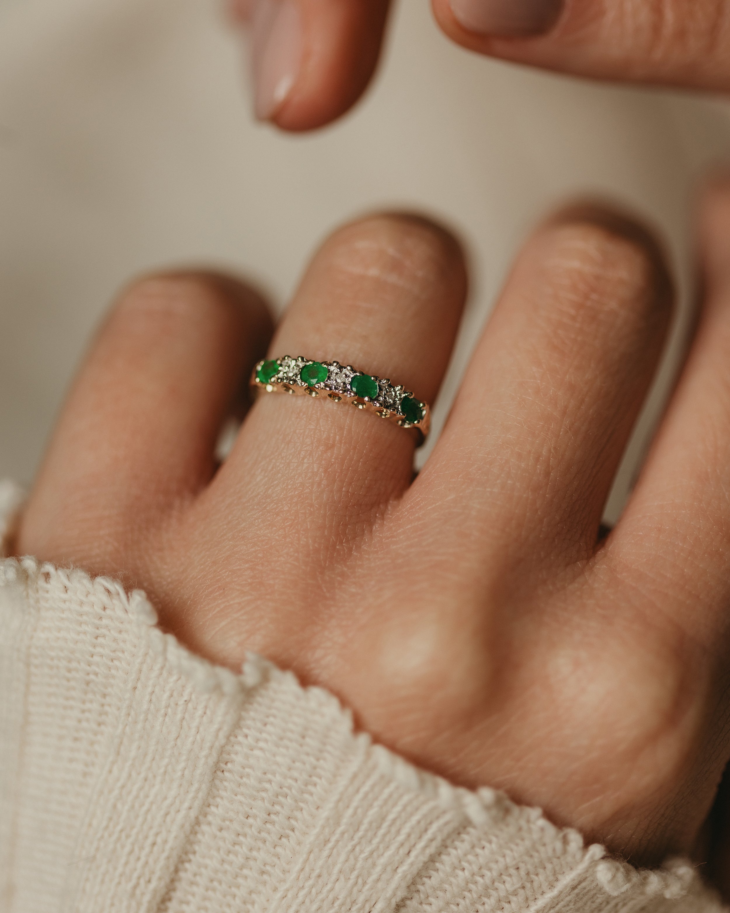 Esther Vintage 9ct Gold Emerald & Diamond Half Eternity Ring