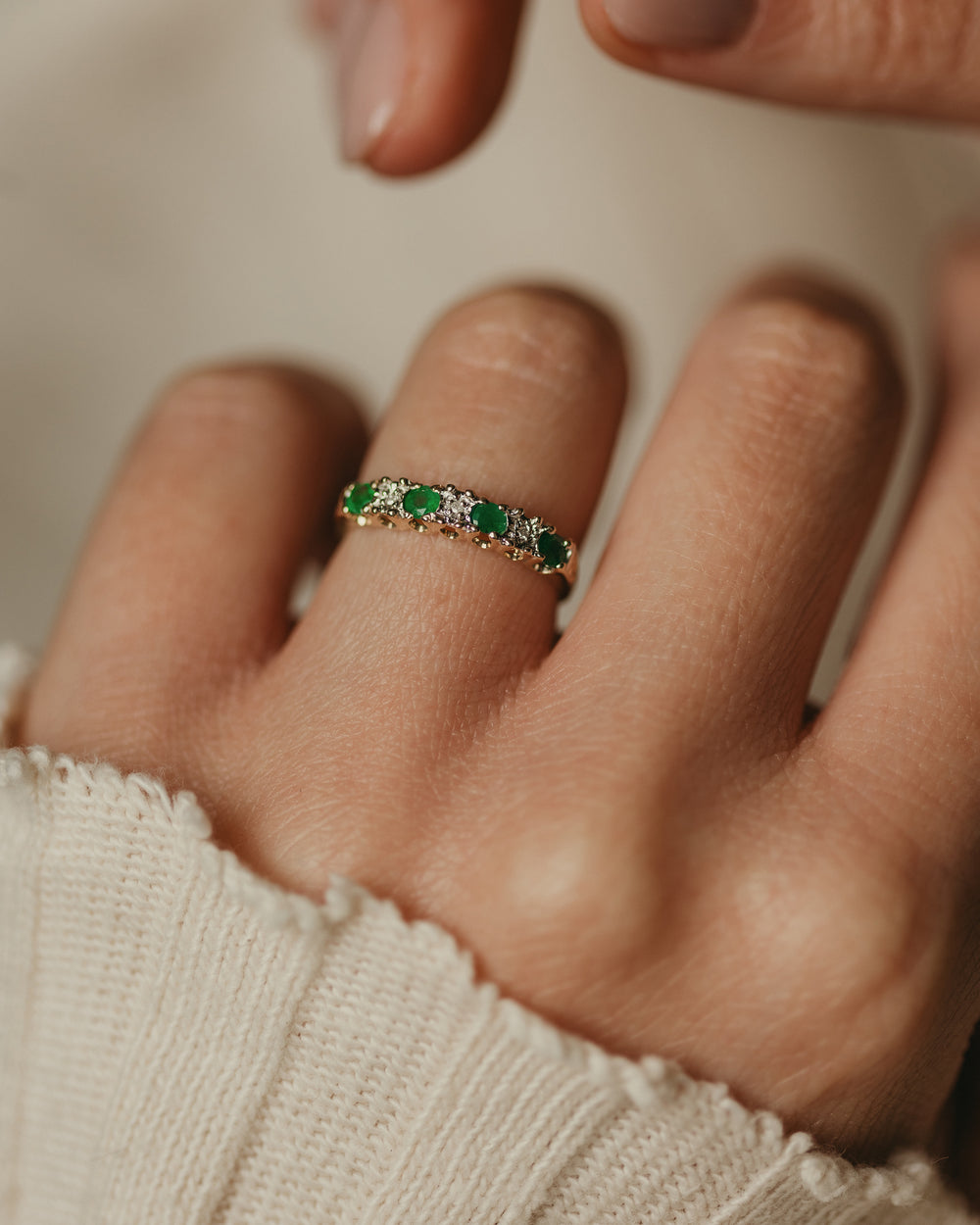 Esther Vintage 9ct Gold Emerald & Diamond Half Eternity Ring